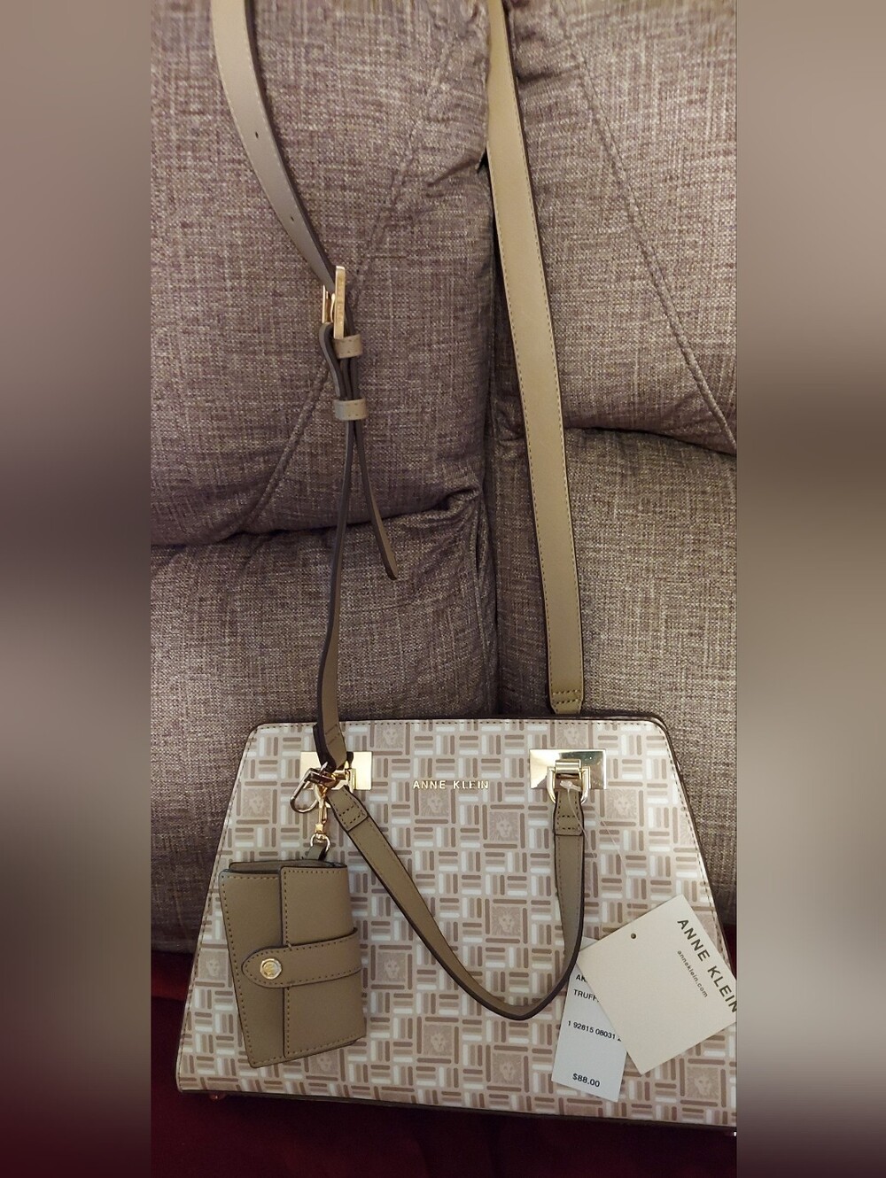 New Anne Klein Taupe and Cream Patterned Shoulder Bag